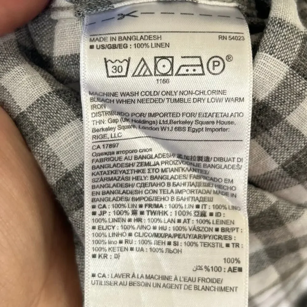 Banana Republic Camden Grey White Gingham Plaid Linen Long Sleeve Shirt
